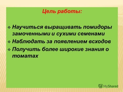 Prezentarea cu privire la scopul lucrării de a învăța cum să crească roșii cu semințe îmbibate și uscate