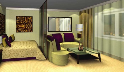 Dormitor cameră de zi într-o singură cameră, zonare, design