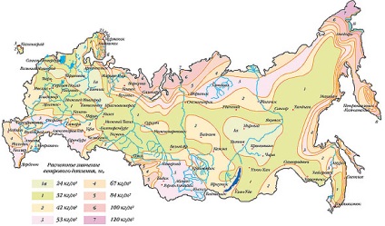 Harta regiunilor eoliene din Rusia (utilizate în construcția de hangare și turnuri de comunicații mobile)