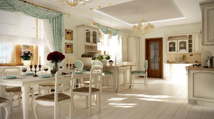 Interiorul bucătărie-cameră de zi în stil de Provence, și imagini, un design sala de mese, living combinat cu bucătărie