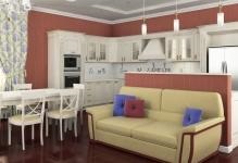 Konyha-nappali Provence stílusban belső és fényképes, étkező kialakítással, konyhával kombinálva
