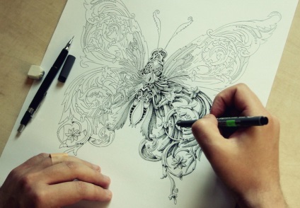 Detalii de pene și cerneală ale desenelor de insecte de la artistul din Letonia