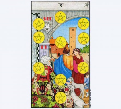 10 Pentacles таро стойност разлагат, тълкуват във връзка с карти