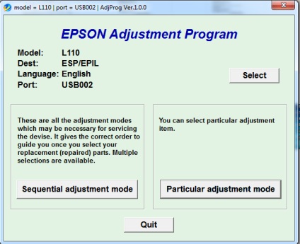 Resetarea scutecului prin programul de ajustare a programelor pentru epson l110, l210, l300, l350, l355 (instrucțiuni)