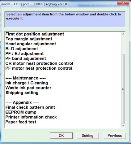 A pelenka visszaállítása az epson l110, l210, l300, l350, l355 (utasítás) programbeállítási programon keresztül