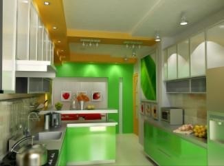 Színes konyhai kombináció a színek sárga és zöld, szabályok, ötletek, tippek