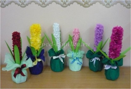 Hyacinths făcute din hârtie crep cu mâinile lor