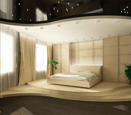 Ce interior este potrivit pentru un pat-podium într-o nuanță de dormitor de planificare și caracteristici de design