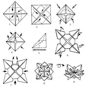 Scheme Origami pentru plierea floarei de lotus în diferite moduri