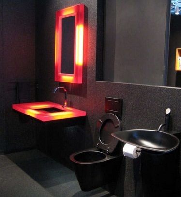 Proiectare toaletă cu o toaletă neagră, homefront