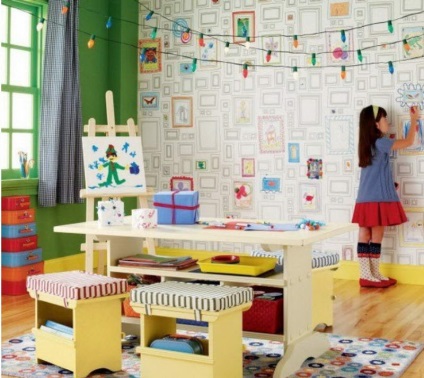 Háttérkép színezés a falakon a gyerekszobában - milyen korban kép a belső térben