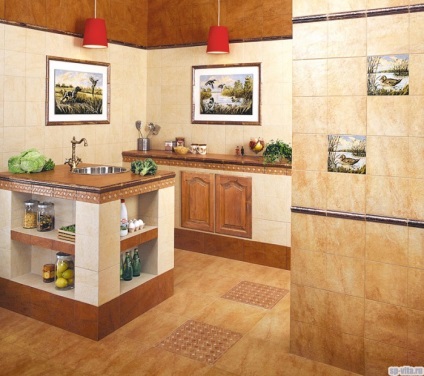 Decorarea pereților bucătăriei cu gresie, fotografie, interior