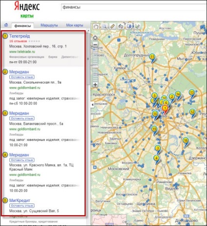 Clasarea pe harta Yandex