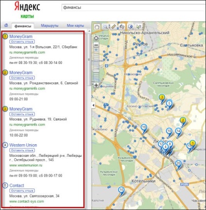 Clasarea pe harta Yandex
