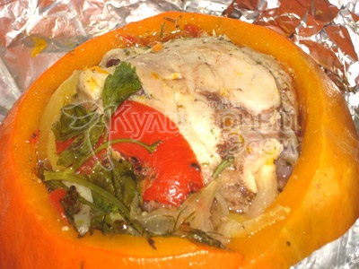 Csirke és zöldségek töltött tök - lépésről lépésre recept a második ételeket tartalmazó képekhez