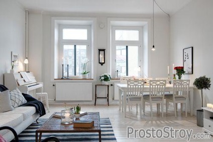 Stilul scandinav în interiorul bucătăriei, camera de zi, baie, camera copiilor