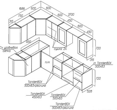 Desene de mobilier de bucatarie cu dimensiuni care efectueaza masuratori, efectuand calcule si detaliind - articole