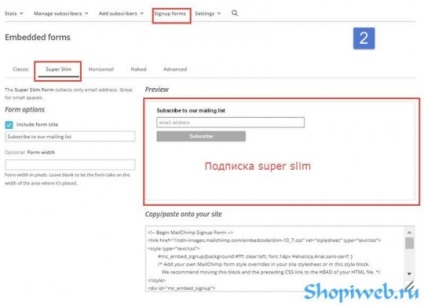 MailChimp създаване абонамент форма, дизайн, разположение на сайта