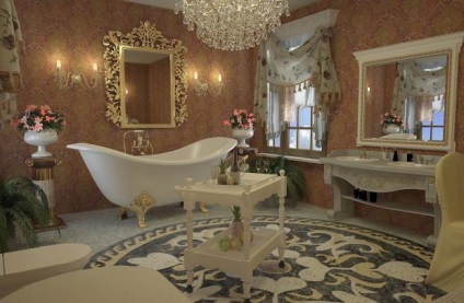 Fürdőszoba a birodalmi stílusban, a római hagyományok pompája és visszatartása, belsőépítészet