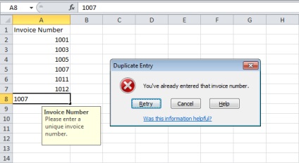300 Exemple prin Excel care împiedică intrările duplicate