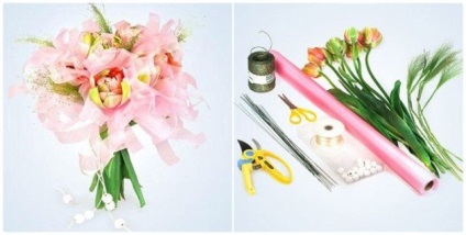 A saját kezünkkel rendelkező bouquet mesterséges virágokból és fameirana-ból készül