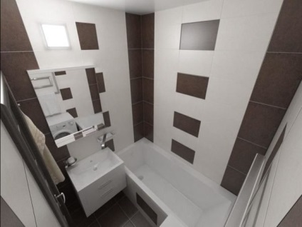 A fürdõ és a WC kialakítása egy lakásban, amely három lépcsõs stílust teremt