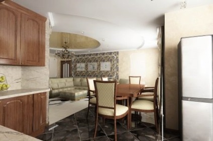Bucătăria combinată cu camera (63 de fotografii) este o sală de intrare în Hrușciov, designul bucătăriei, trecând pe coridor