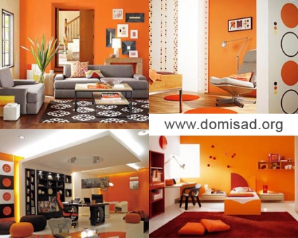 Narancssárga falak a belső térben, mi kombinálja a narancssárga színt