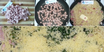 Spaghete (paste) cu brânză și cârnați (cârnați fiert sau șuncă)