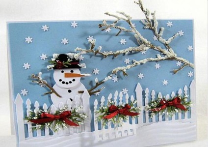 Aplicarea omului de zăpadă din hârtie, țesături, vată de bumbac și piese tricotate