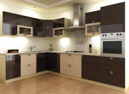 A bézs barna konyha a fülhallgató színeinek kombinációját tartalmazza a belső térben
