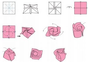 Rose origami az összeszerelési sémákban és a fotó mester osztályban