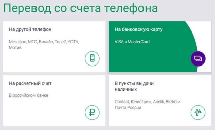 Hogyan átutalhat pénzt telefonról bankkártyára MTS, beeline, megafon, tele2