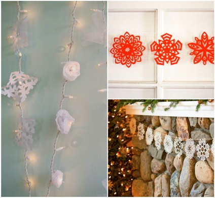 Lenyűgöző dekoráció a szoba az új év papír hópelyhek, egy gyönyörű ház és kert