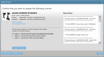 Firmware-ul scanerului și configurație pentru 1 secunde