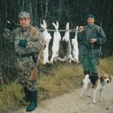 Trei vânători de vânători care vânează iepuri cu câini, vânează iepure și vânează în vizier