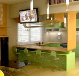 Interiorul studioului de bucătărie cu un contor de bar, în Hrușciov, într-o casă privată, fotografie