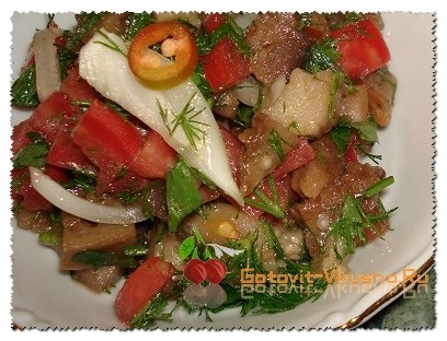 Saláta paradicsomos padlizsánból készült shish kebab, receptek fotókkal