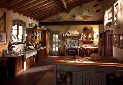 Interiorul bucătăriei în stil rustic este nepoliticos, rustic