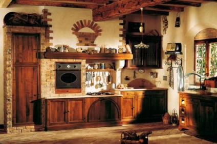 Interiorul bucătăriei în stil rustic este nepoliticos, rustic