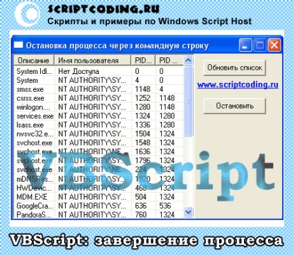 Vbscript oprește procesul din linia de comandă