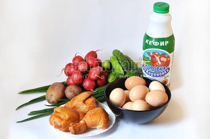 Okroshka füstölt csirkével, lépésről-lépésre fotó recept, minden étel