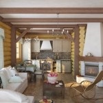 Design de bucătărie într-o casă de lemn Interior de vile și țară vile cu un șemineu