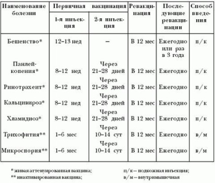 Programarea vaccinării (vaccinării) pentru pisici