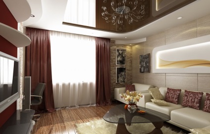 Tavane întinse în camera de zi a designului dormitorului, două niveluri în interior, opțiuni frumoase pentru