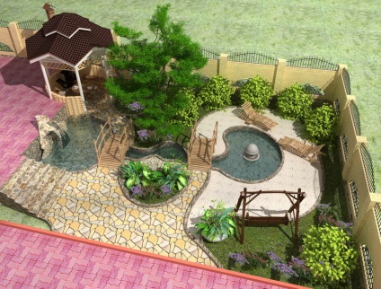 Proiect de design peisagistic pe un sit cu cabană și o baie cu piscină