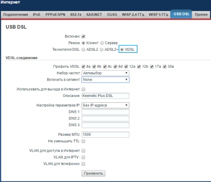 Conectarea centrului de Internet la furnizorul de servicii prin modulul usen-keenetic plus dsl-keenetic