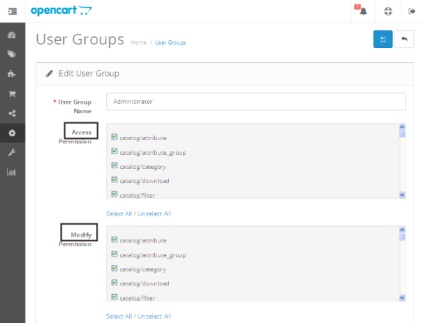 Conceptul de permisiuni pentru utilizatori în opencart