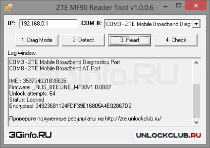 Deblocați routerul mobil zte mf90 (mts 831ft) utilizând instrumentul de citire utilitară mf90