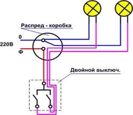 Schemă de conectare a unui comutator cu două comutatoare la două becuri